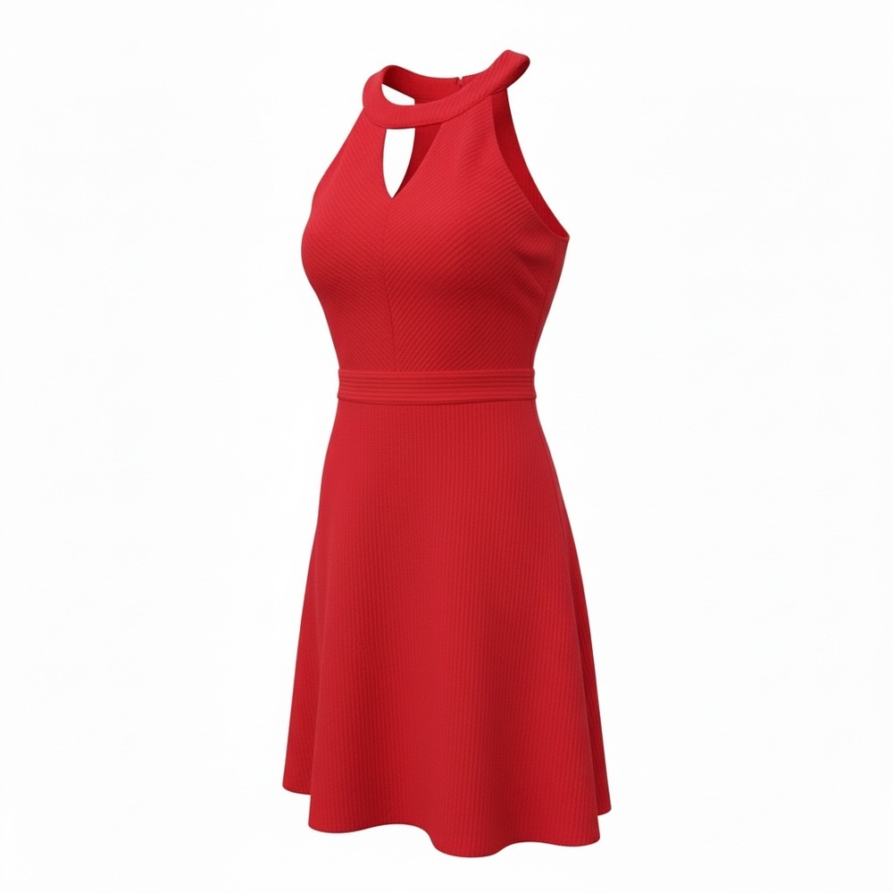 Maurices | Textured Red Halter Neck Keyhole Fit & Flare Dress | M